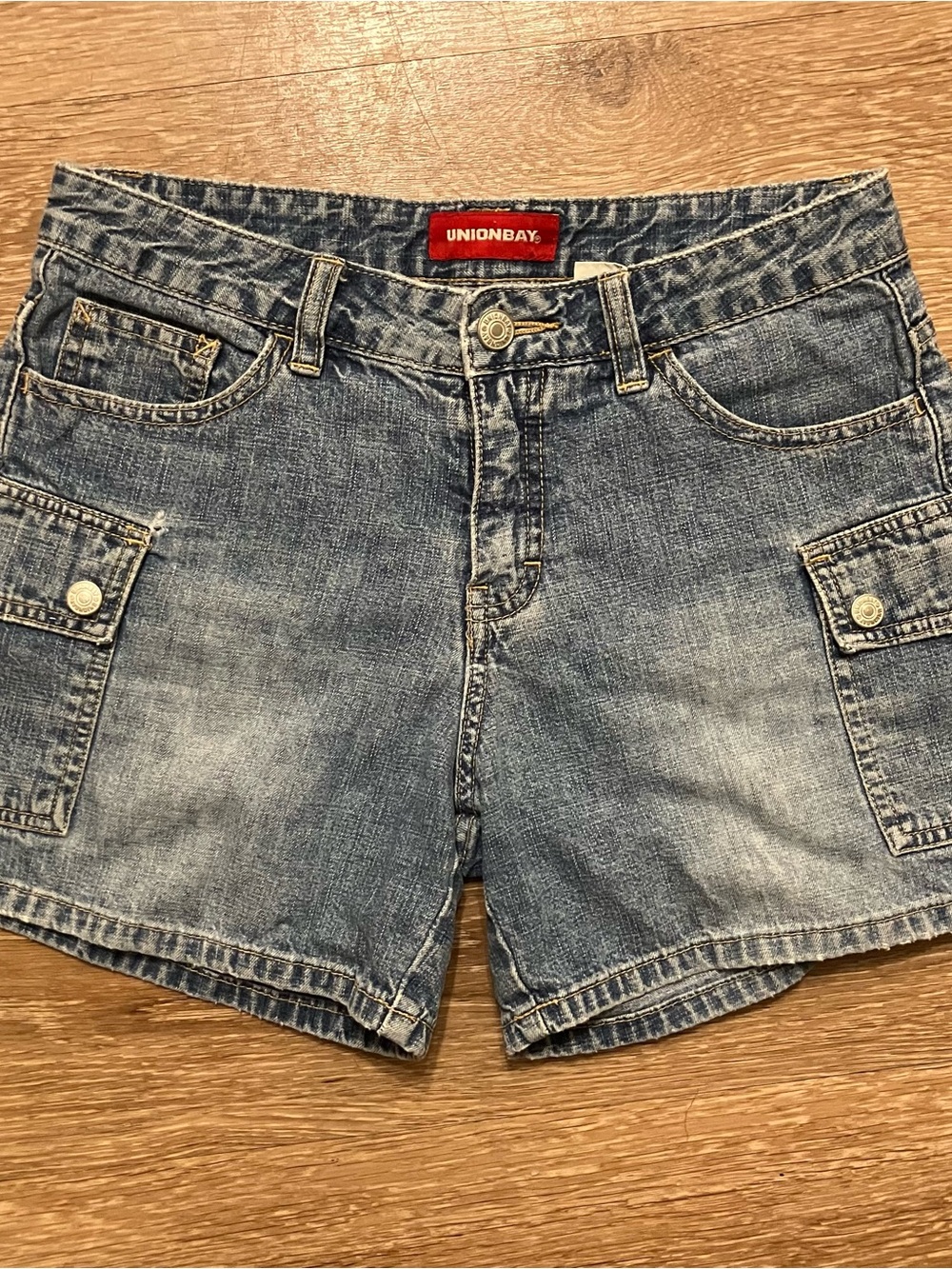 VTG Y2K Union Bay Blue Denim Shorts Cargo Pockets Distressed Size 3